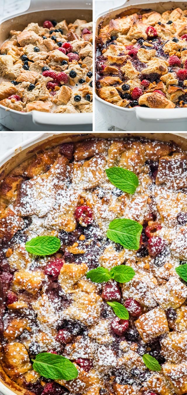 Berry Brioche Bread Pudding in a pan fresh out of the oven