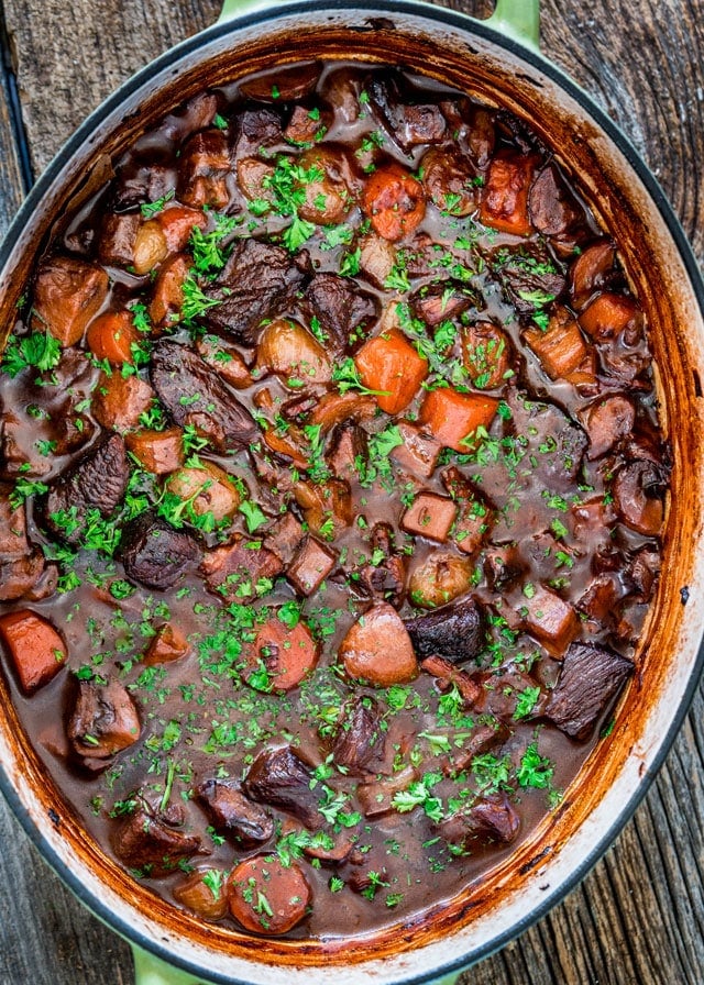 a big pot loaded with freshly cooked beef bourguignon