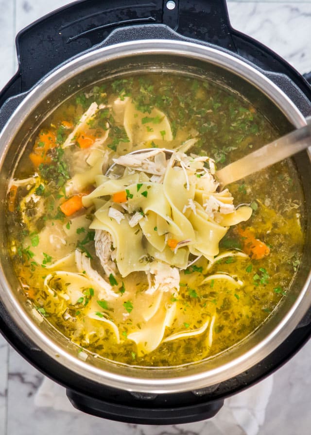 Instant Pot with ladle full of Chicken Noodle Soup