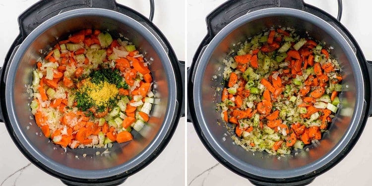 process shots showing how to make chicken noodle soup in an instant pot.