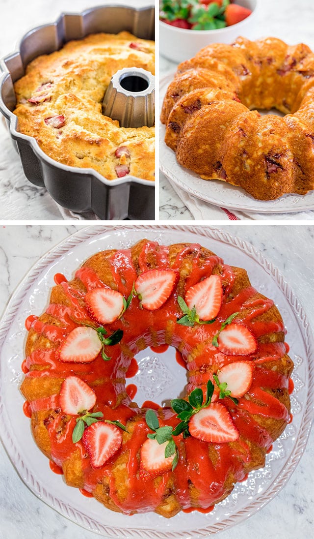 photo collage of strawberry lemon bundt cake