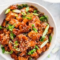 overhead shot of instant pot general tso's chicken in a bowl