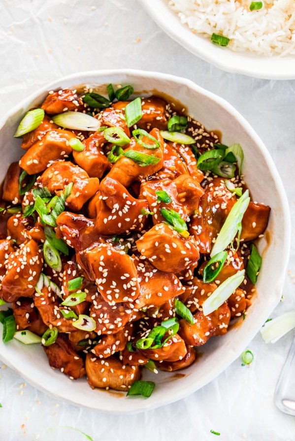 overhead shot of instant pot general tso's chicken in a bowl