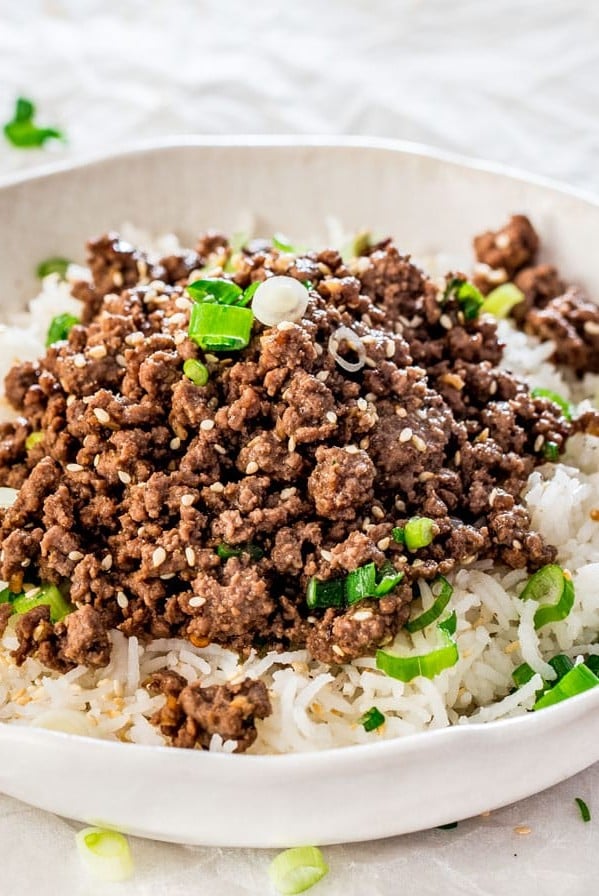 side view shot of a korean beef and rice bowl