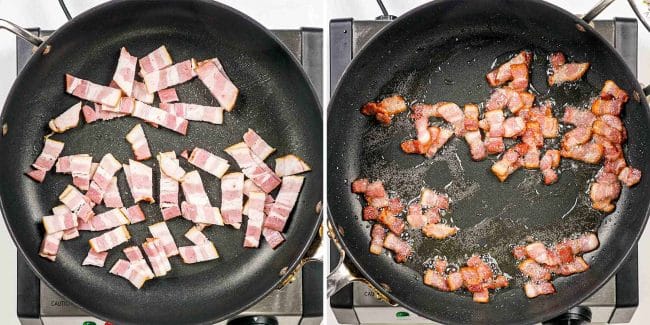 cooking bacon in a skillet.