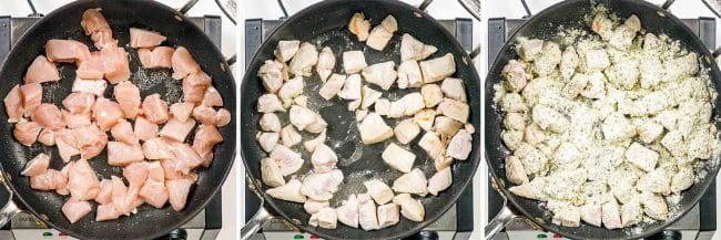 cooking chicken in a skillet for crack chicken penne.