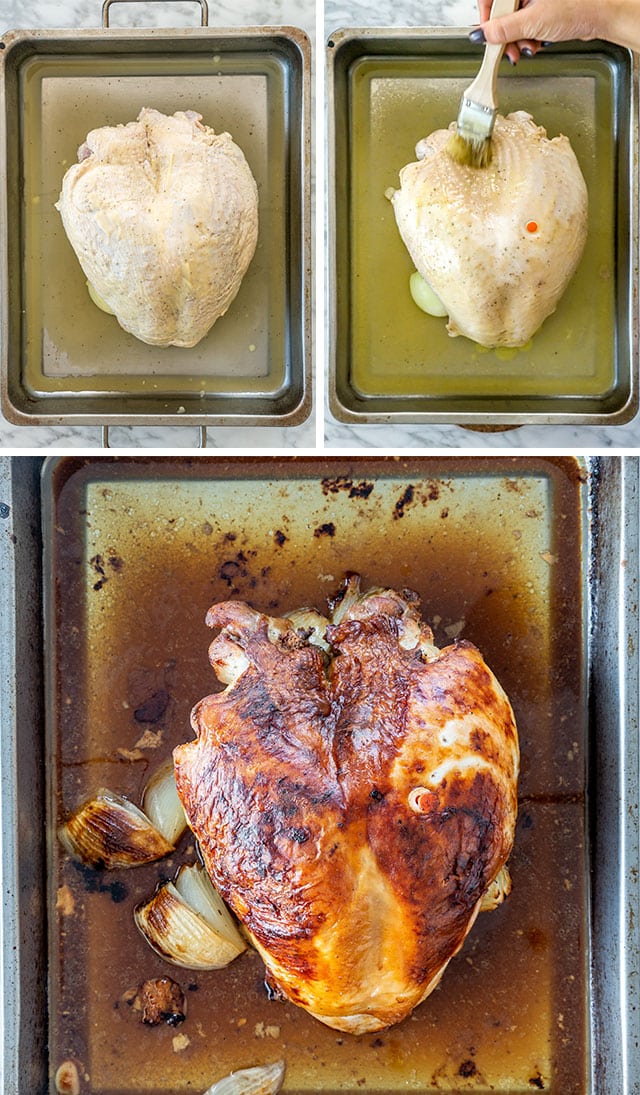 Brined Roast Turkey Breast process shots for basting