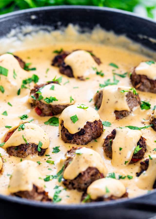 Philly Cheese Steak Meatballs in a skillet