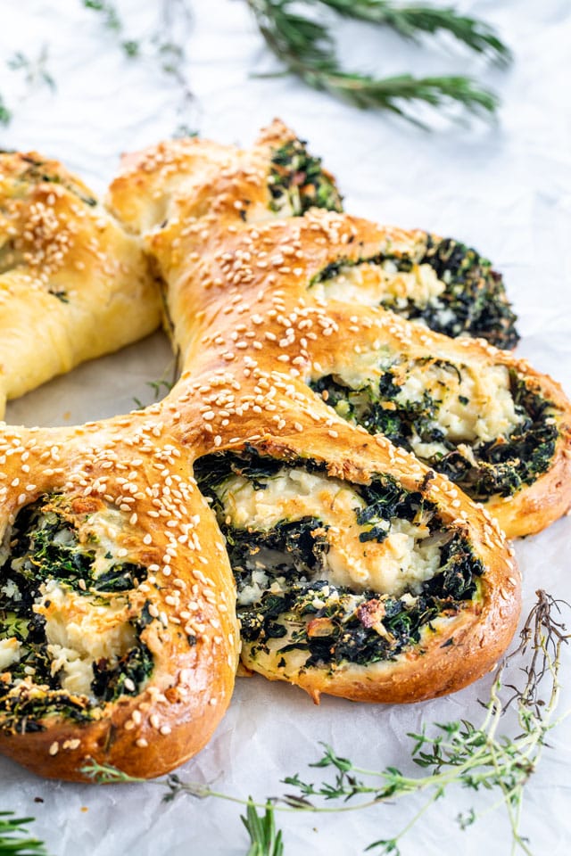 Spinach Feta Wreath on parchment paper