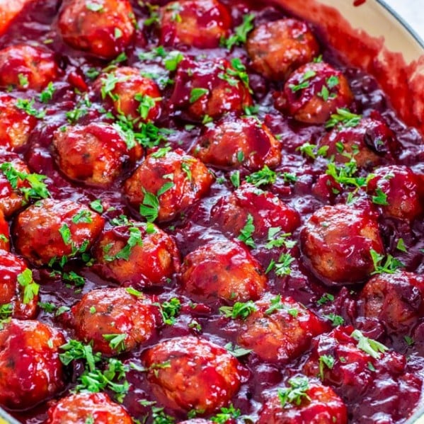 side view shot of cranberry meatballs
