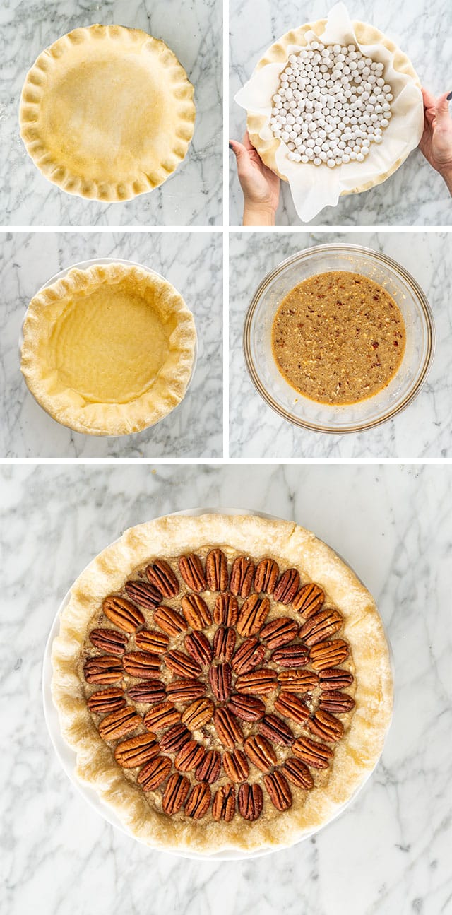 process shots showing how to make pecan pie