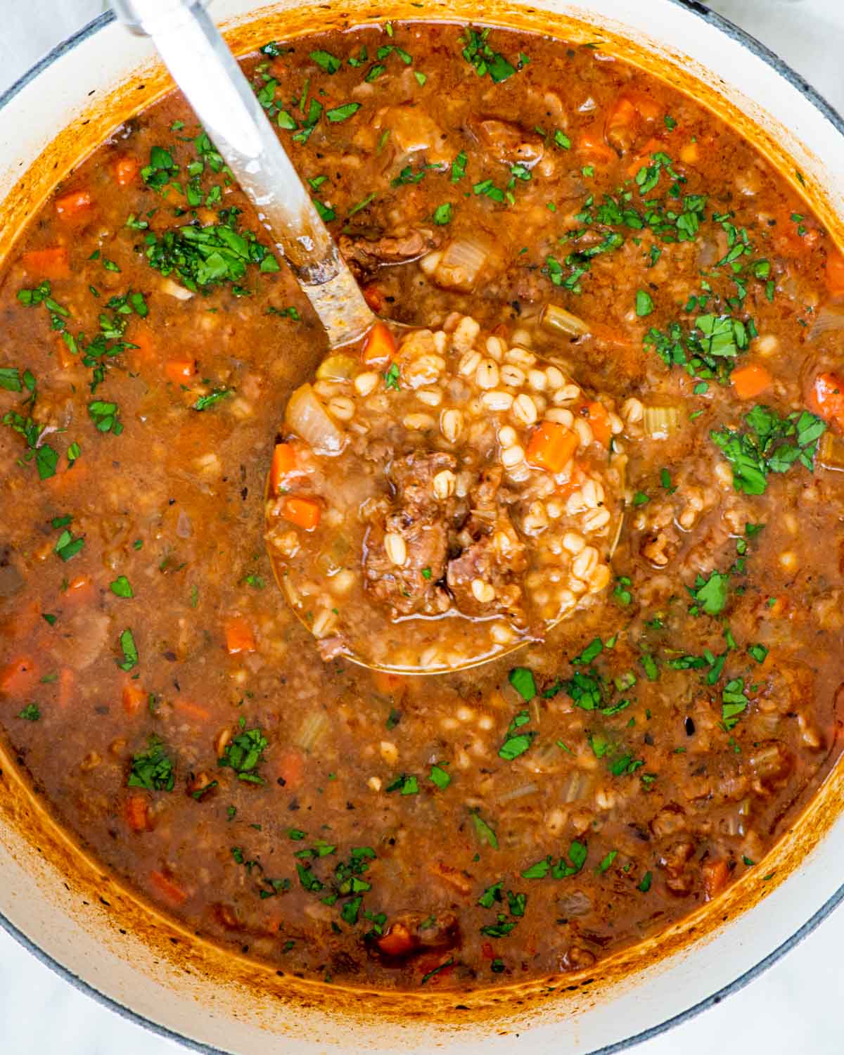 a full ladle in a pot of beef barley soup pot.