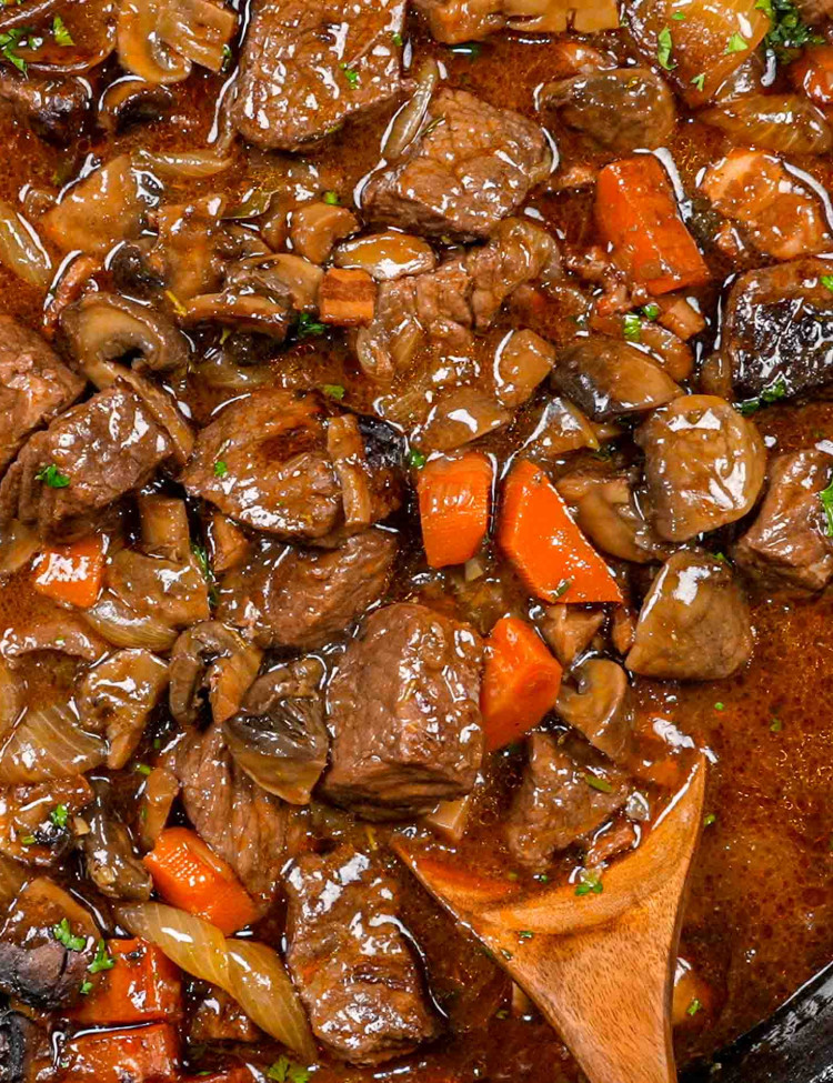freshly made beef bourguignon in a large pot.