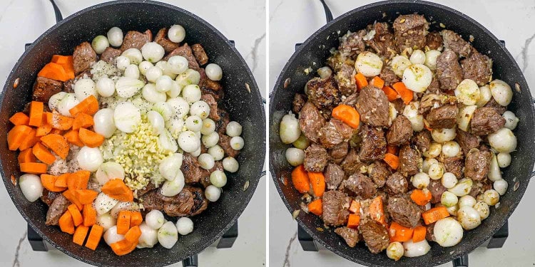 process shots showing how to make beef bourguignon.