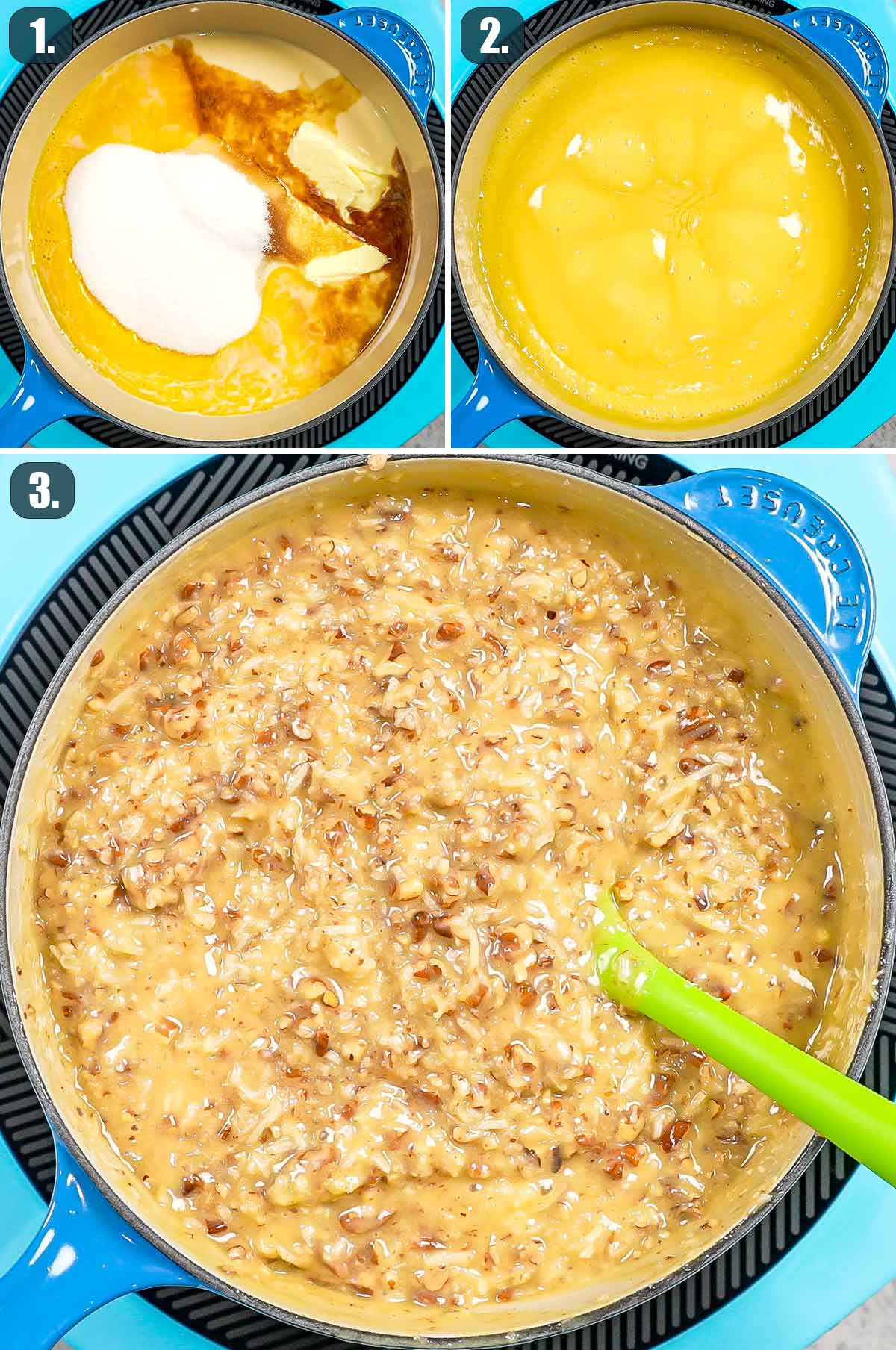 process shots showing how to make coconut pecan topping for german chocolate cake.