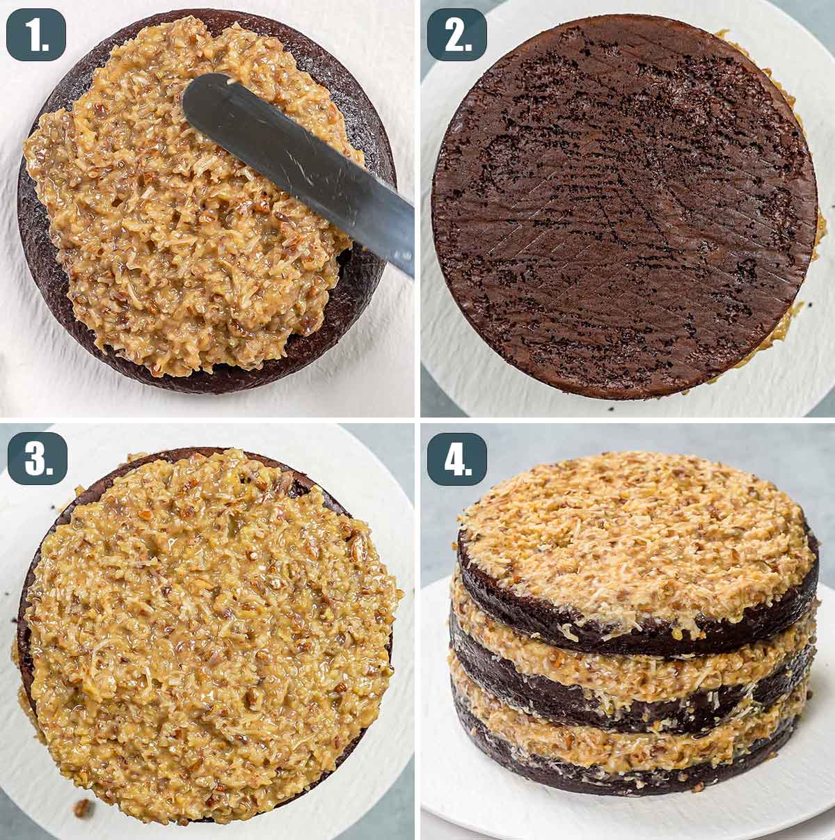 process shots showing how to assemble german chocolate cake.