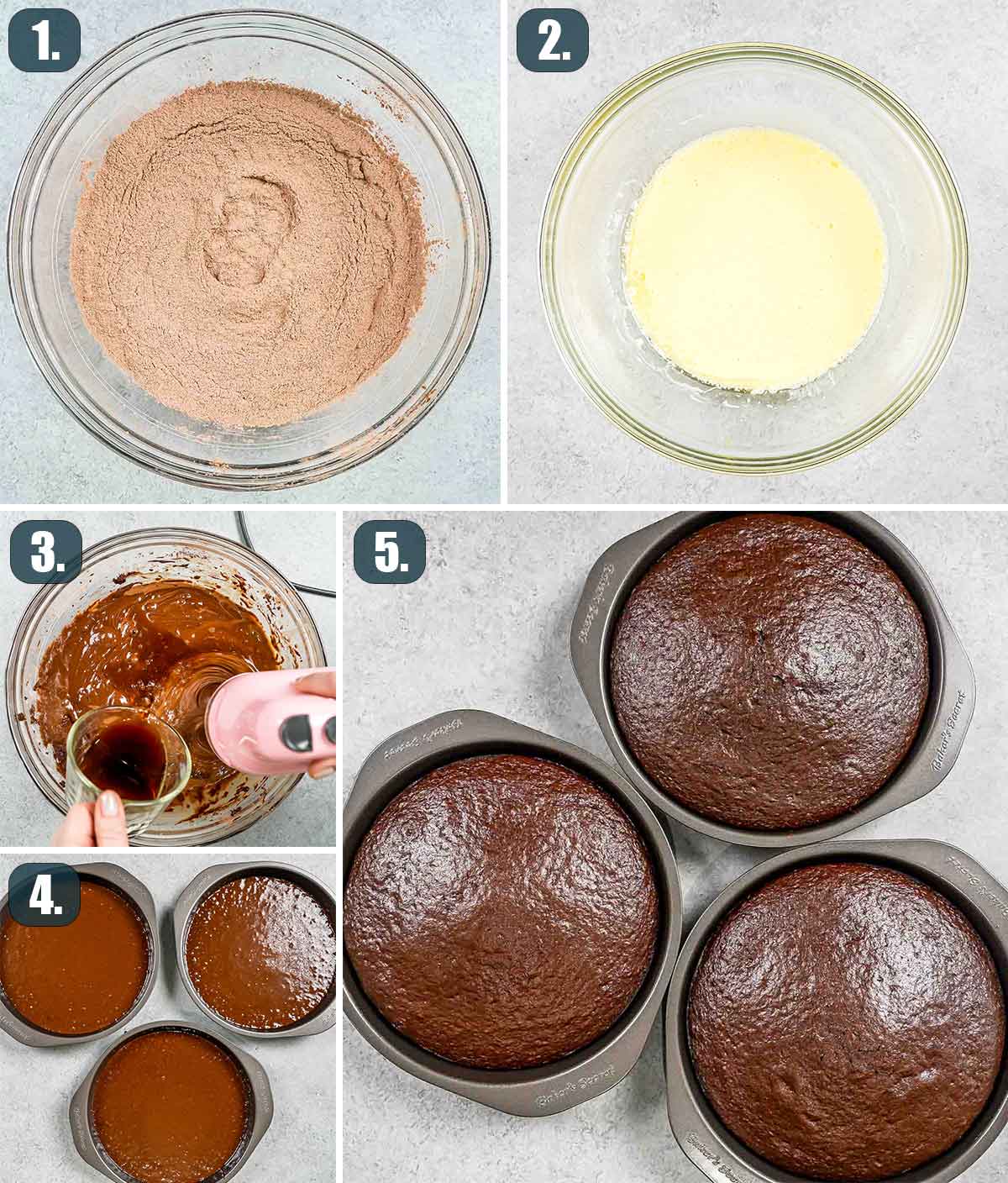 process shots showing how to make chocolate cake layers.