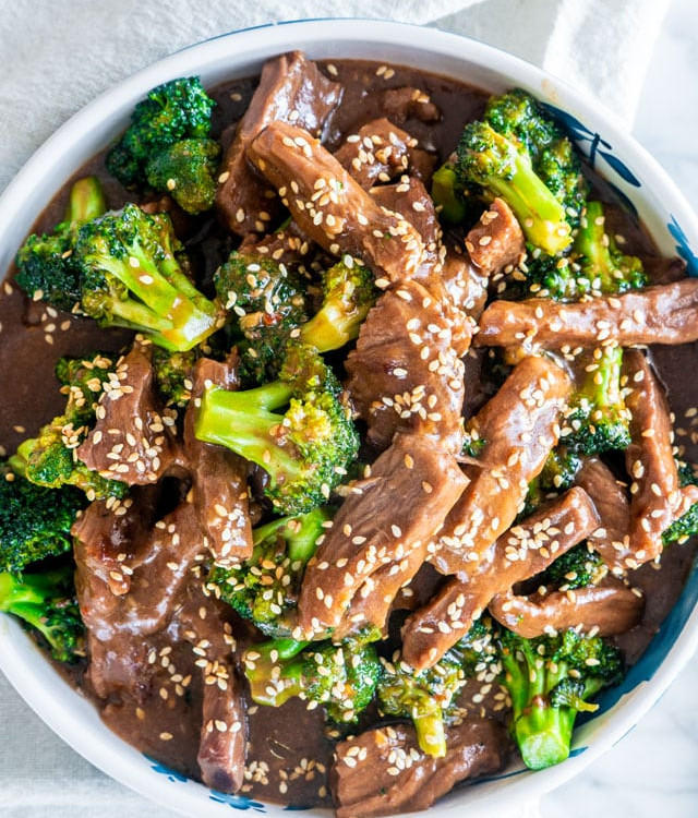 overhead shot of a bowl full of instant pot beef and broccoli