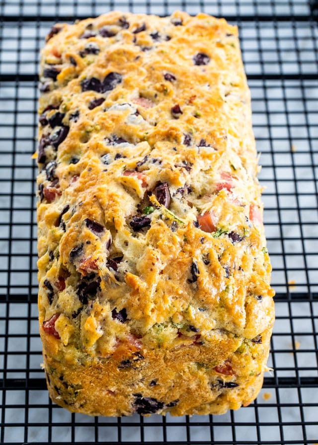 Olive Ham and Cheese Loaf on a cooling rack