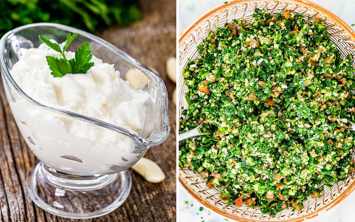 a bowl of garlic sauce and a a bowl of tabbouleh salad.