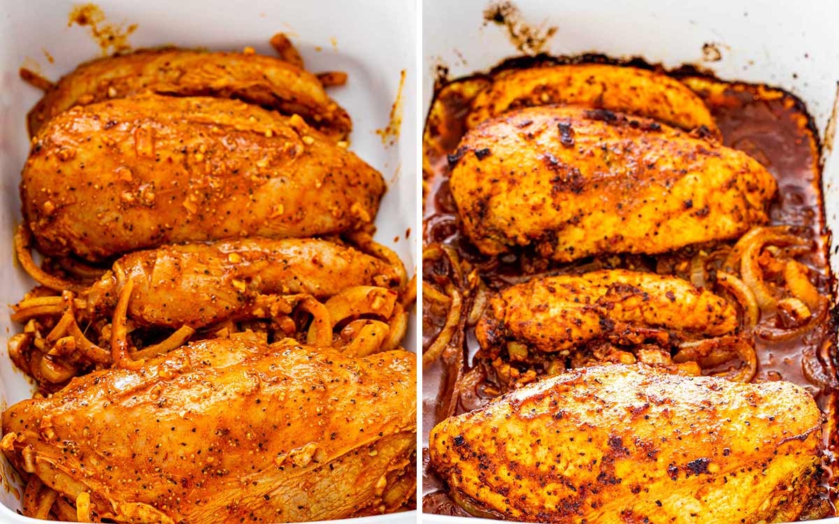 chicken shawarma before and after roasted in the oven.