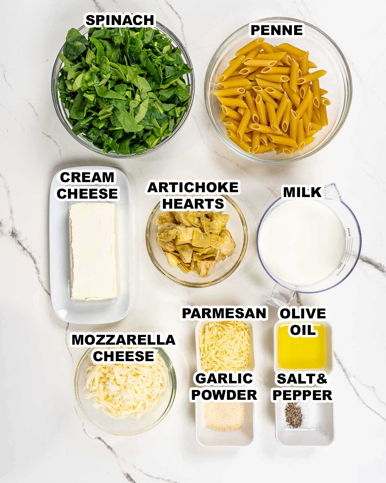 ingredients needed to make spinach artichoke pasta.