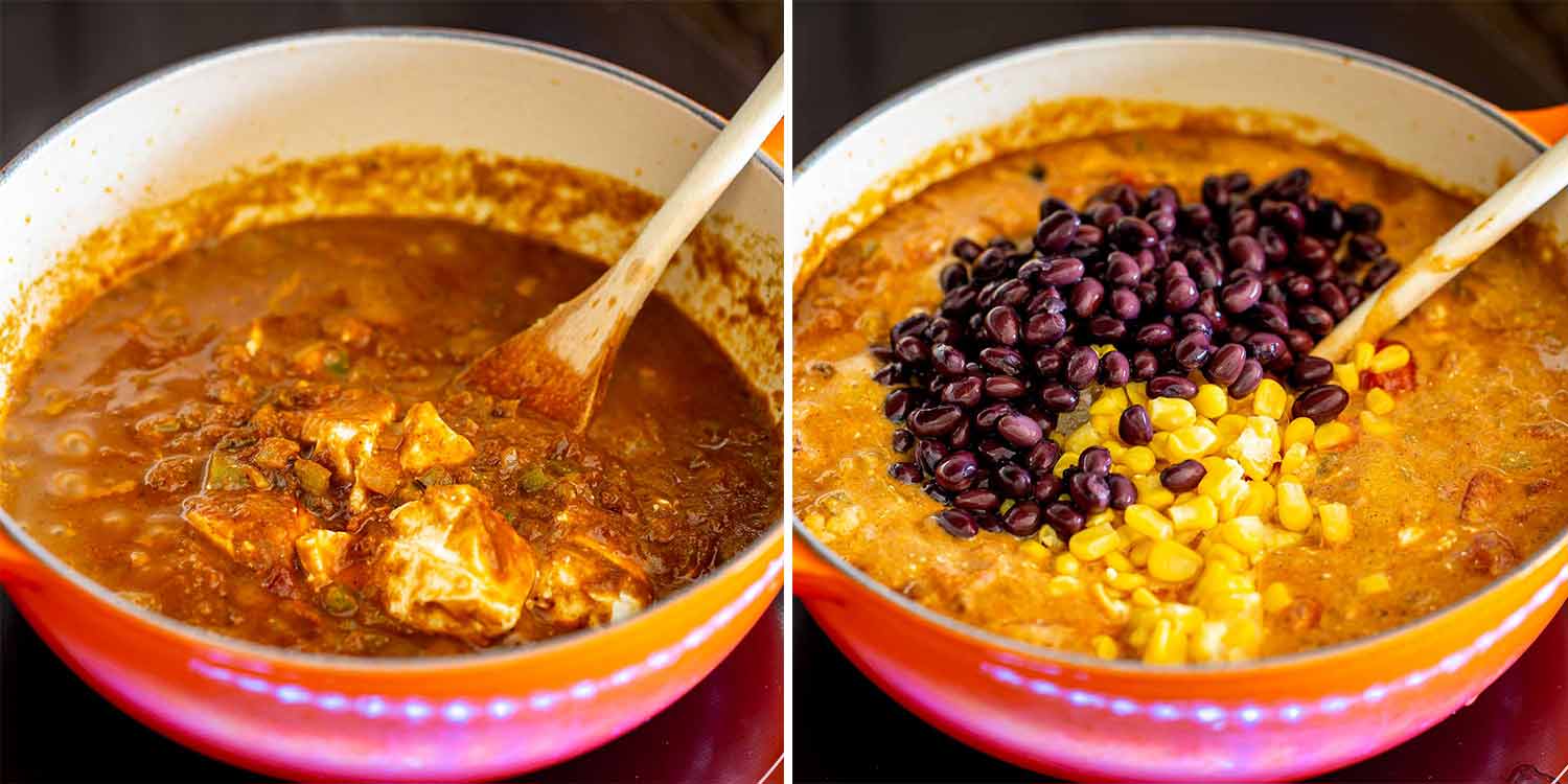 process shots showing how to make cheesy chicken enchilada soup.