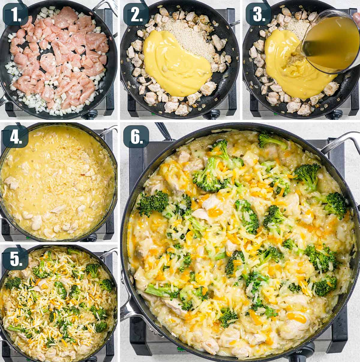 detailed process shots showing how to make cheesy chicken broccoli casserole.