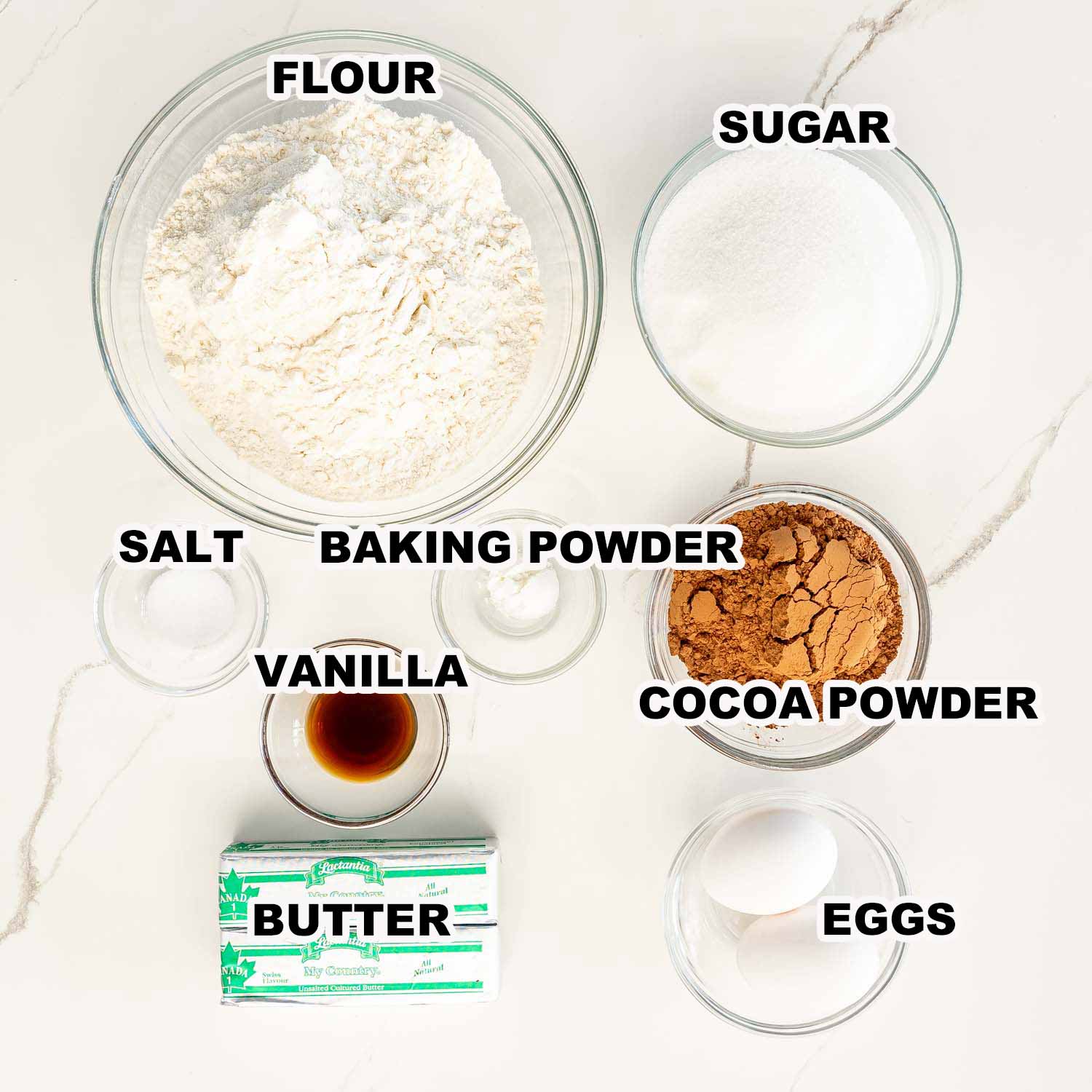 ingredients needed to make chocolate sugar cookies.