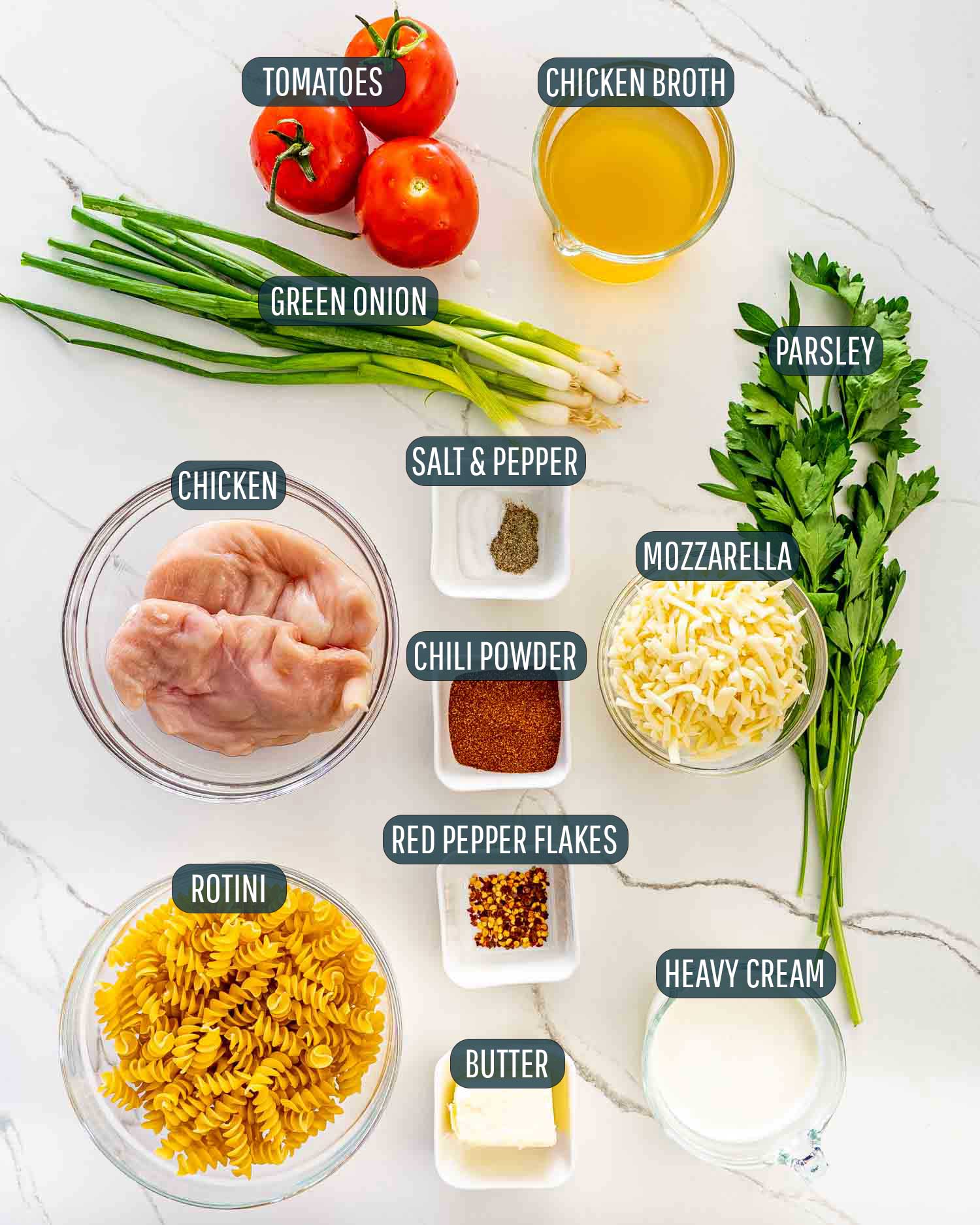 ingredients needed to make creamy tomato chicken pasta.