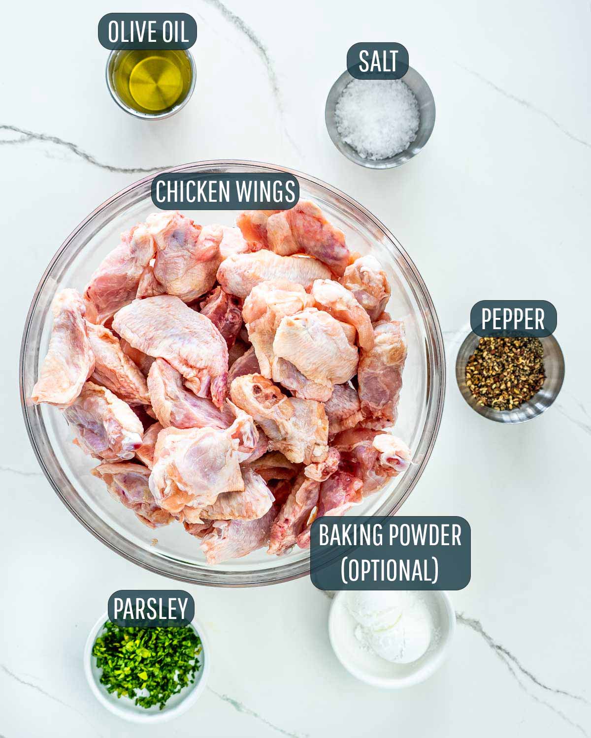 ingredients needed to make crispy baked salt and pepper wings.