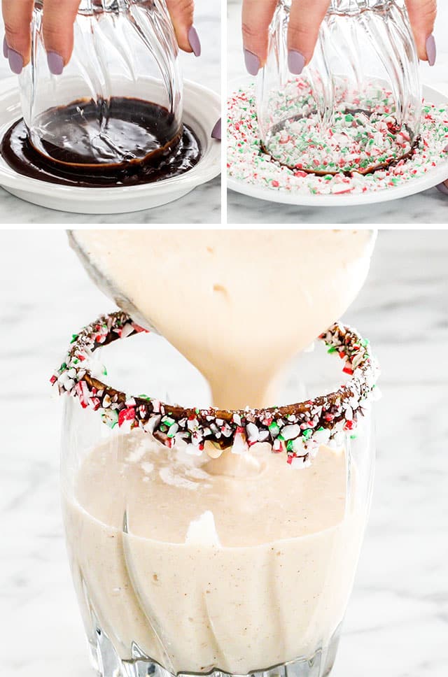 rimming a glass with chocolate and candy canes, and filling it with eggnog