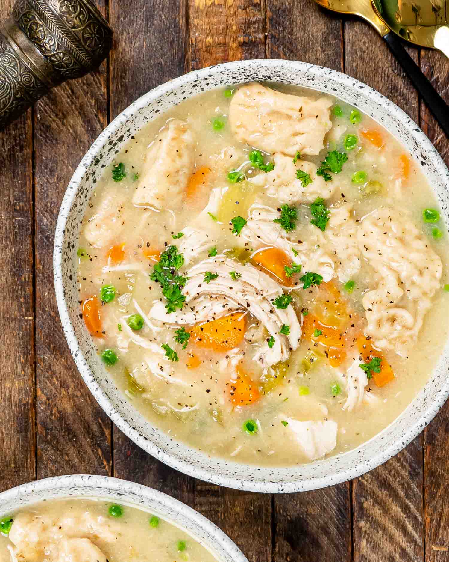 a bowl with some freshly made instant pot chicken and dumplings.