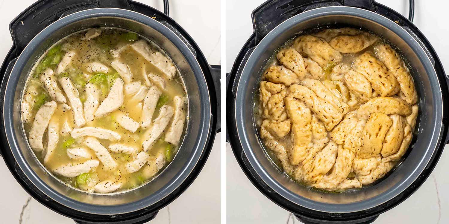 showing how to make instant pot chicken and dumplings.