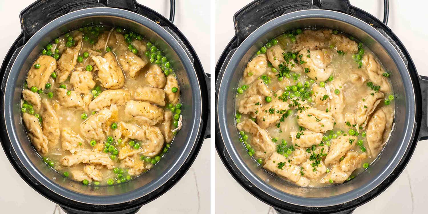 process shots showing how to make instant pot chicken and dumplings.