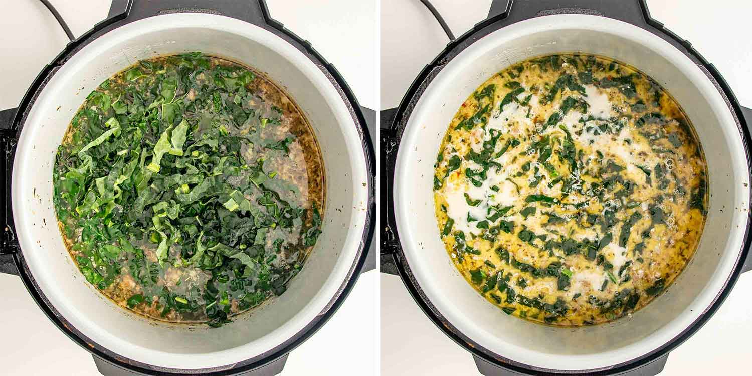 process shots showing how to make instant pot zuppa toscana.