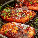 korean style pork chops in a black cast iron skillet.