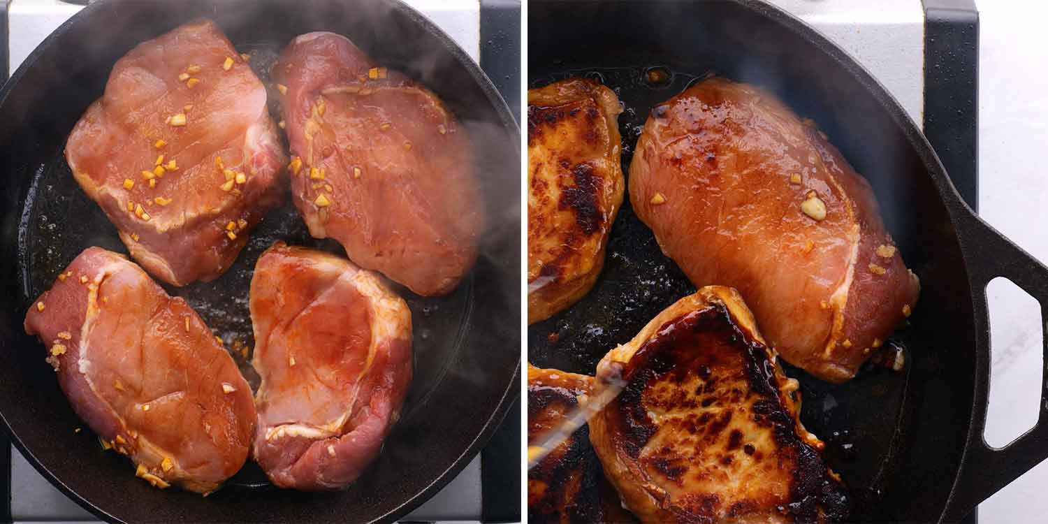 process shots showing how to make korean style pork chops.