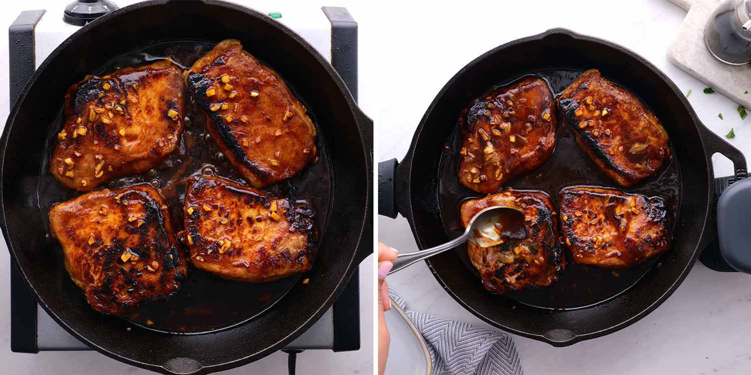 process shots showing how to make korean style pork chops.