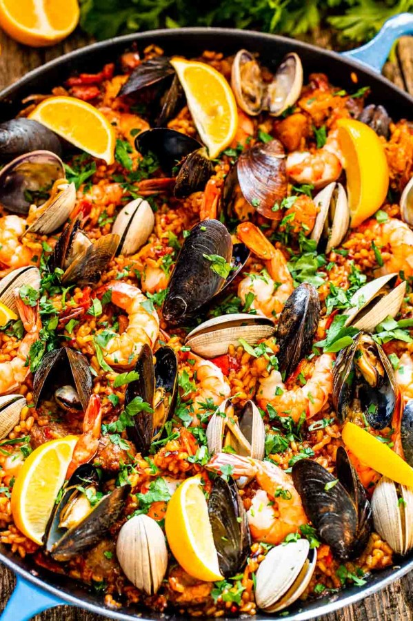 freshly made chicken and seafood paella.