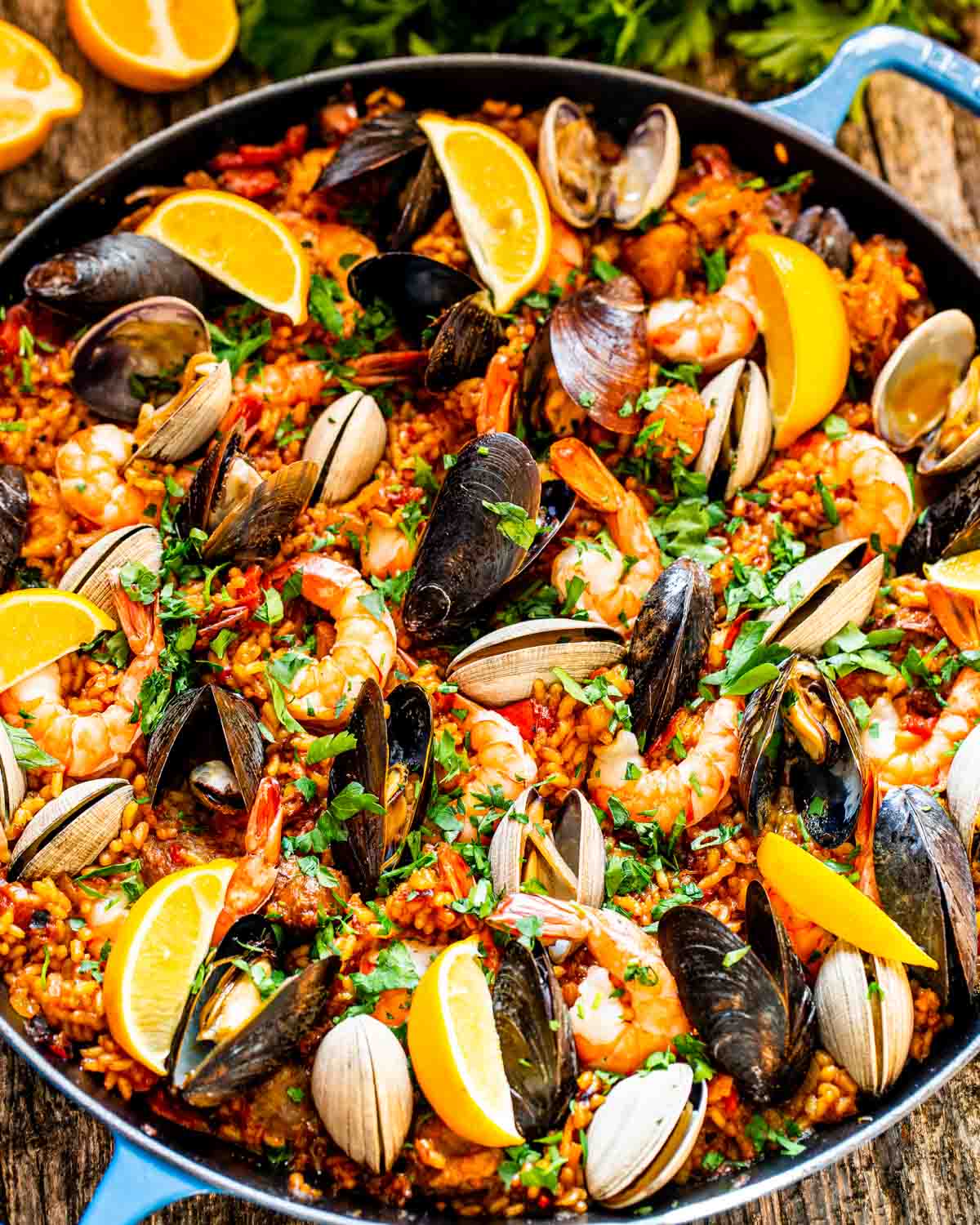 freshly made chicken and seafood paella.