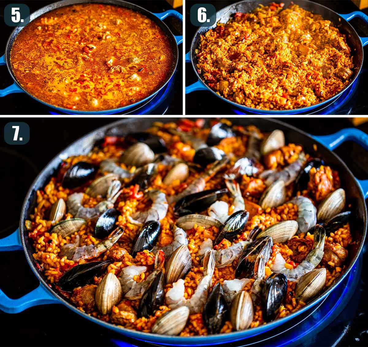 process shots showing how to finish making paella.