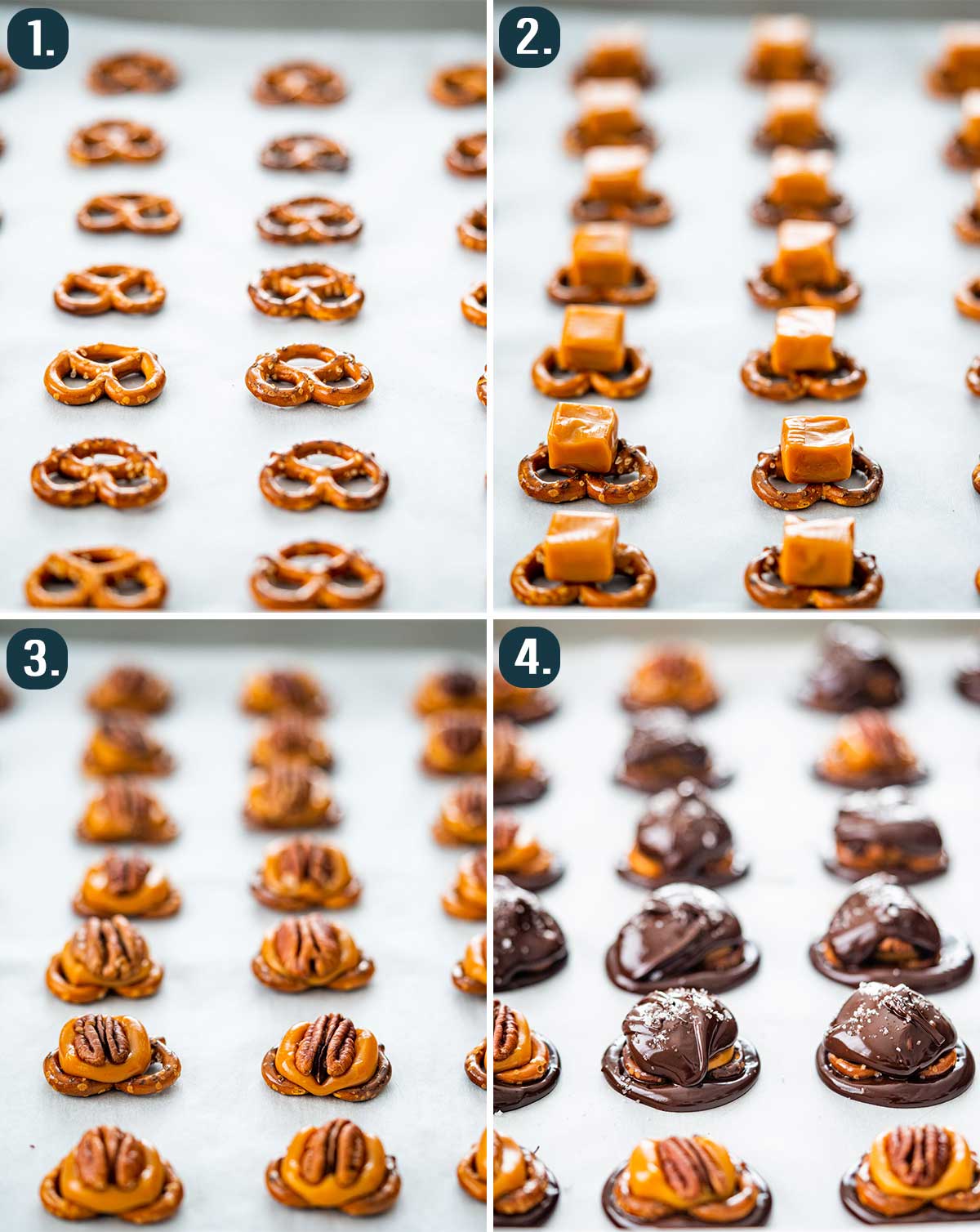 process shots showing how to make pretzel turtles.