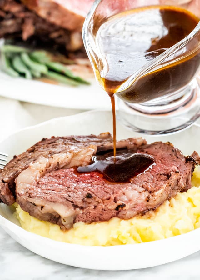 Prime Rib Roast over mashed potatoes and gravy