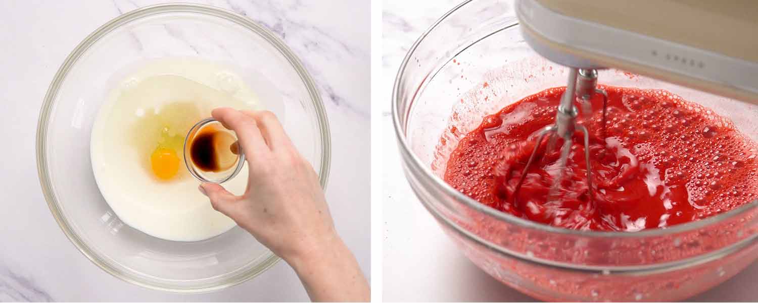 process shots showing how to make red velvet cake.
