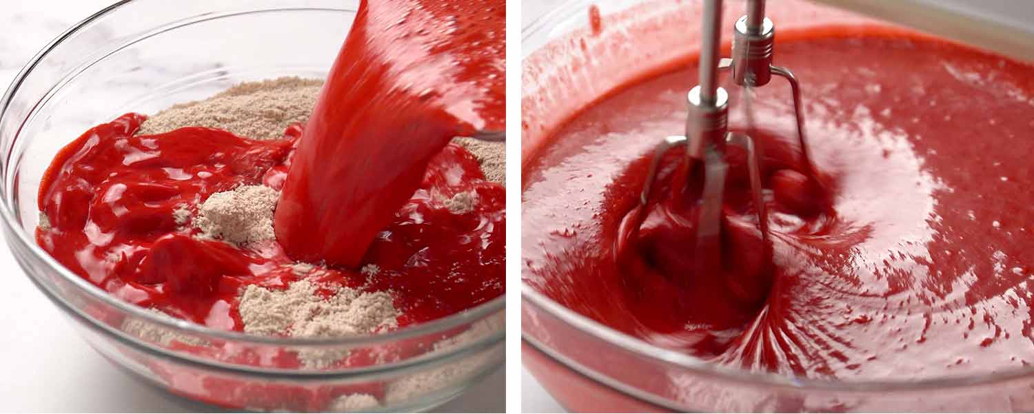 process shots showing how to make red velvet cake.