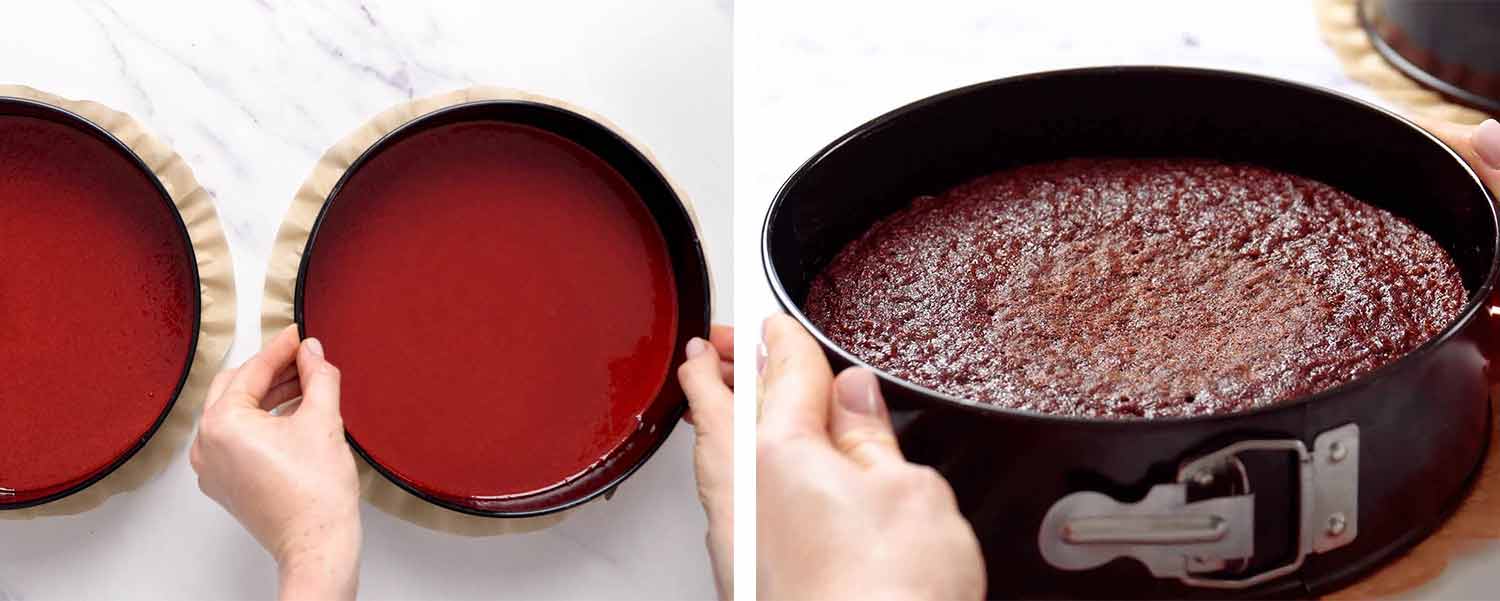 process shots showing how to make red velvet cake.