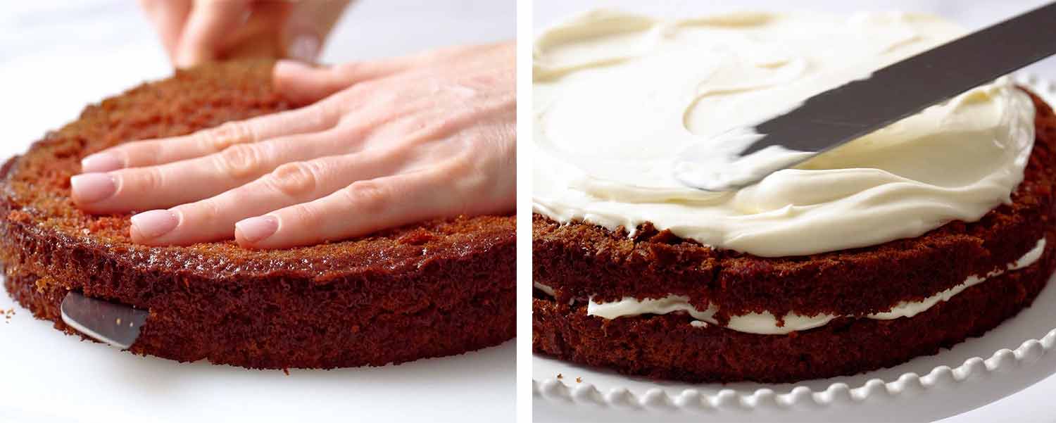process shots showing how to make red velvet cake.