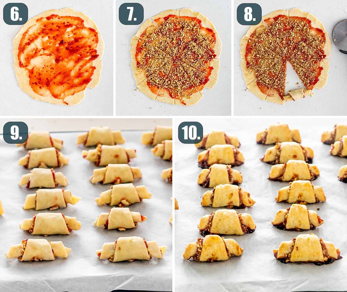 detailed process shots showing how to fill, roll and bake rugelach cookies.