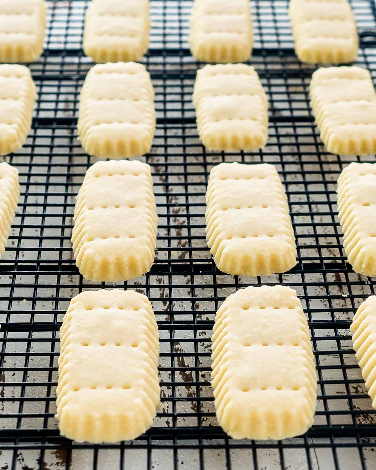 shortbread cookies cooling on a cooling rack.